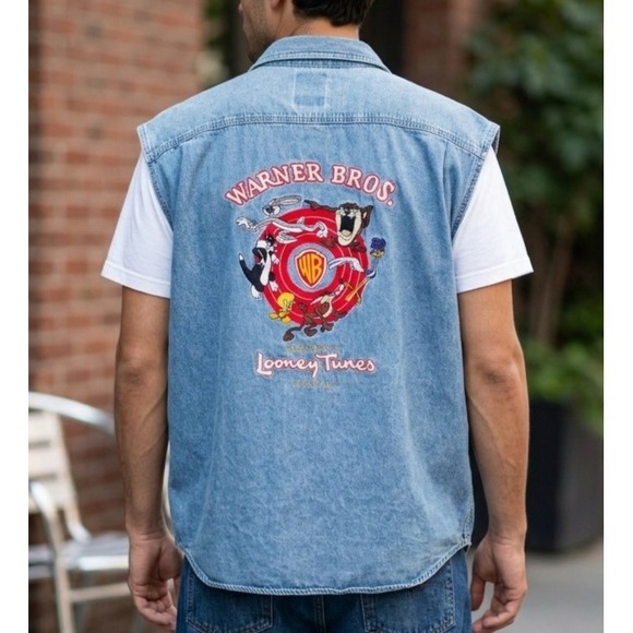 Warner Bros. Other - Vintage 90s Warner Bros Looney Tunes Men Embroidered Denim Vest Shirt XL Novelty